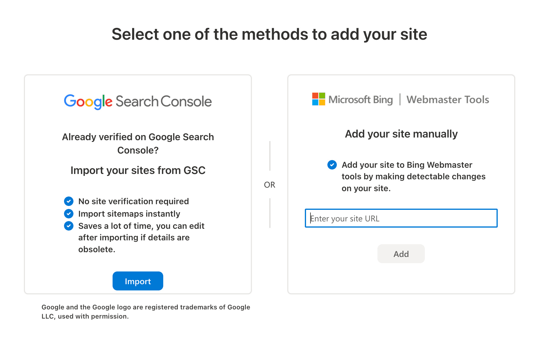 Bing Webmaster Tools 添加站点页面：左侧 Import from GSC 一键迁移；右侧是手动输入 URL 验证。选左侧那条。