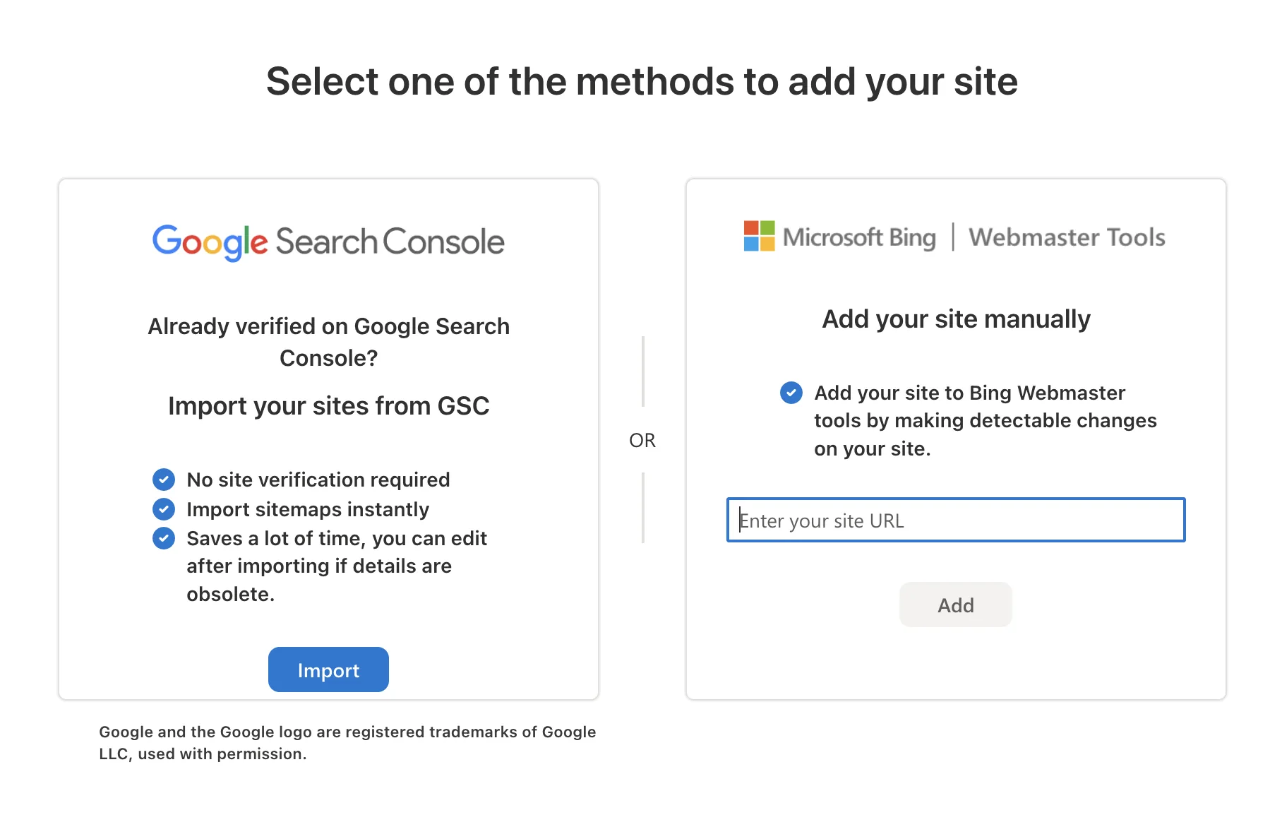 Bing Webmaster Tools 添加站点页面：左侧 Import from GSC 一键迁移；右侧是手动输入 URL 验证。选左侧那条。