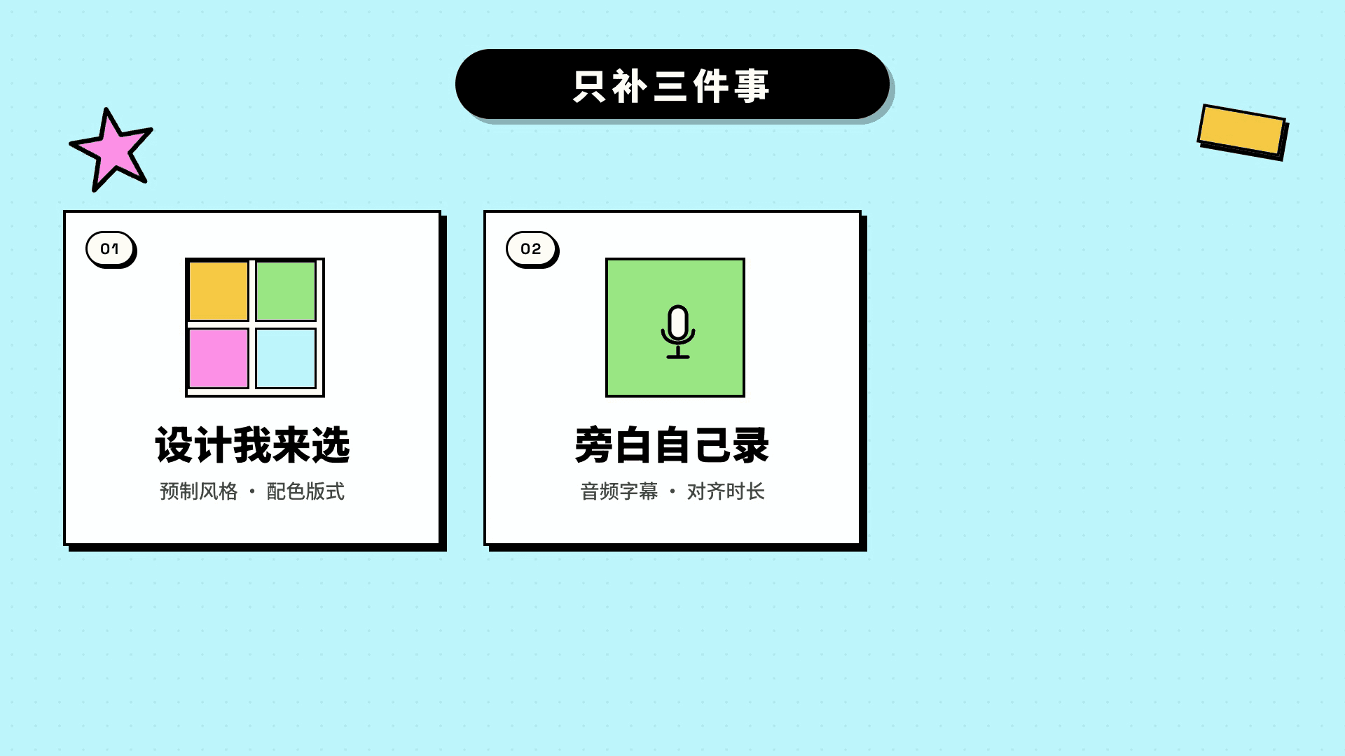 只补三件事：设计我来选 / 旁白自己录 / 物料补齐