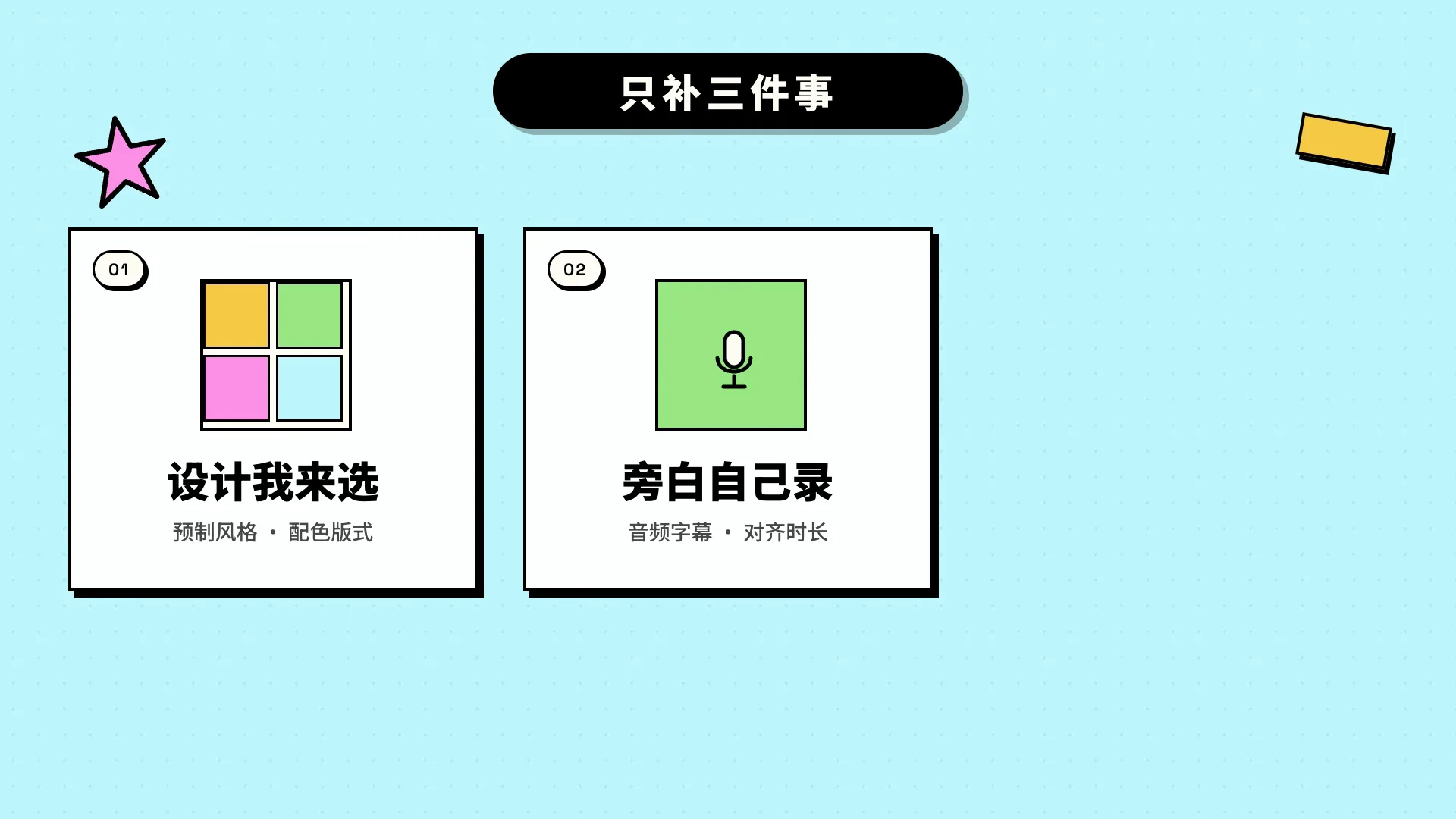 只补三件事:设计我来选 / 旁白自己录 / 物料补齐
