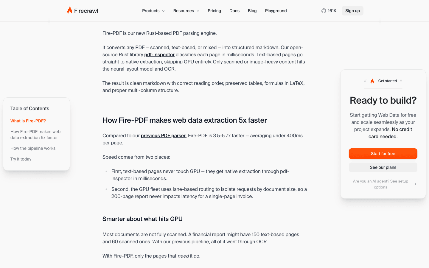Firecrawl 官方博客 Fire-PDF 发布文,写着「Fire-PDF is 3.5-5.7x faster — averaging under 400ms per page」