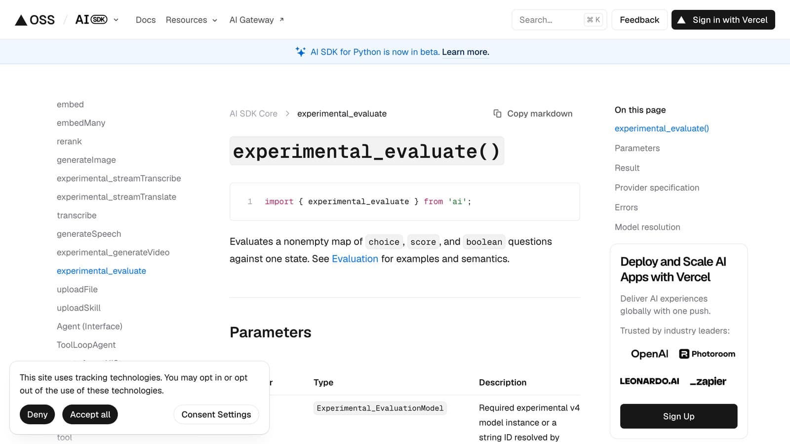 AI SDK 文档里的 experimental_evaluate():对一段 state 评估一组 choice / score / boolean 问题