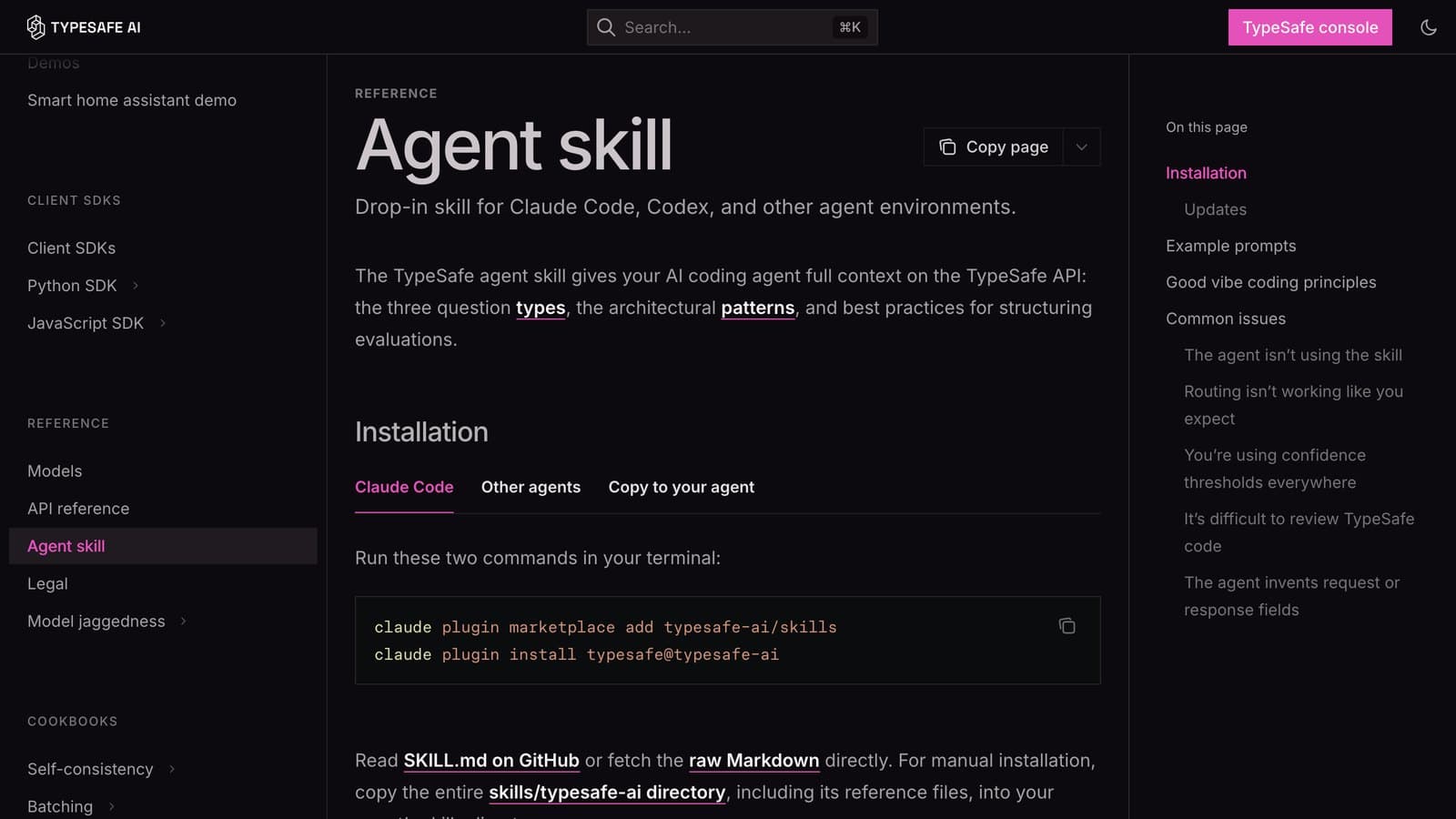 docs.typesafe.ai 的 Agent skill 页:两条命令装进 Claude Code