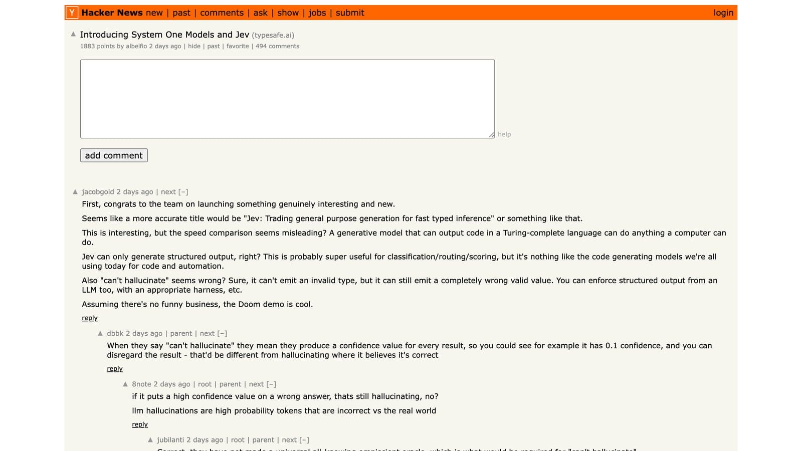 Hacker News 上的发布帖,截图时已经 1883 分、494 条评论